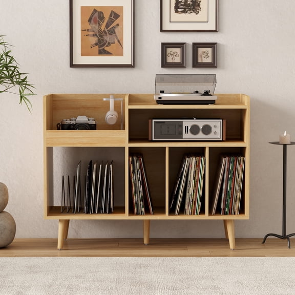Joyyskill Record Player Stand with Vinyl Storage Cabinet,Open Record Player Table, Rustic 1PC Natural Oak