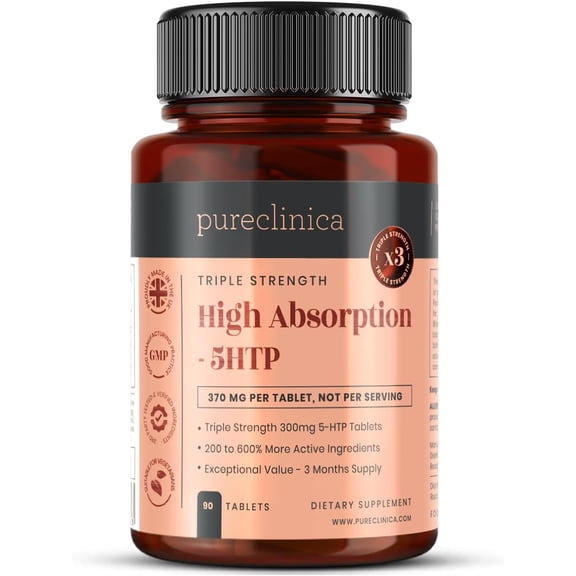 pureclinica 5-HTP 300mg with Vitamin C, B6 & Black Pepper – High Absorption Amino Acid Supplement – 90 Tablets (3-Month Supply)
