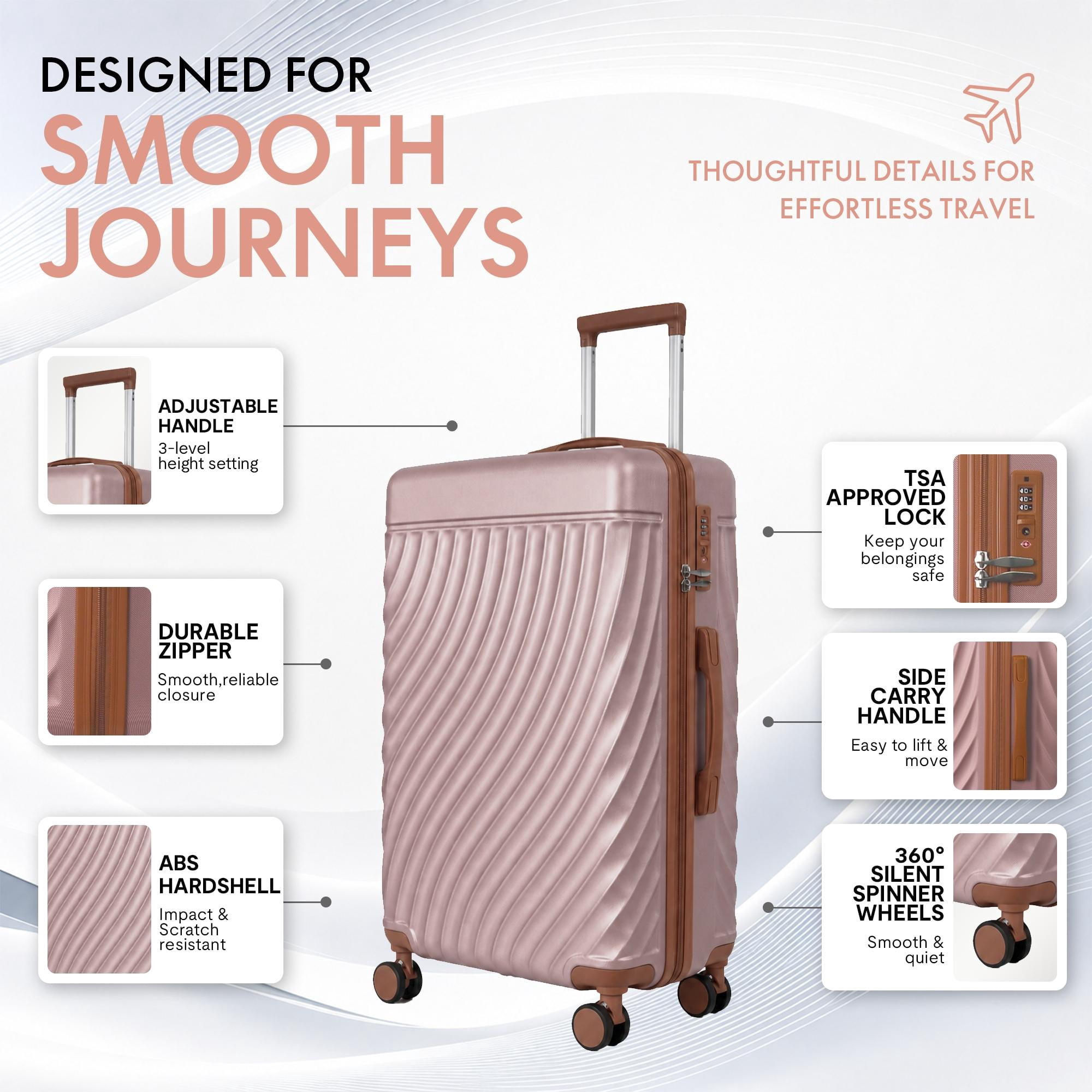 3-Piece ABS Hardshell Luggage Set, Lightweight Scratch-Resistant Suitcases with Silent Spinner Wheels & TSA Lock, Rose Gold