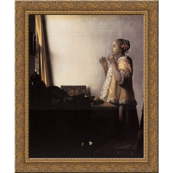 Woman with a Pearl Necklace 20x23 Gold Ornate Wood Framed Canvas Art by Vermeer, Johannes