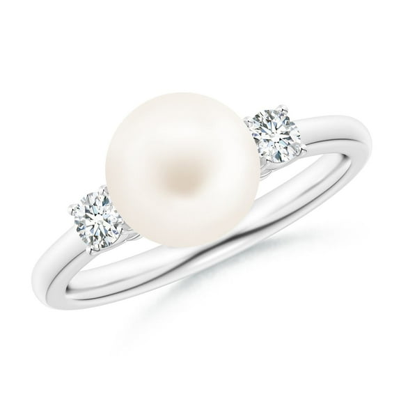 ANGARA Freshwater Cultured Pearl Three Stone Ring with Diamonds in 14K White Gold for Women | June Birthstone, Birthday, Anniversary, Jewelry Gift for Women | Pearl Ring