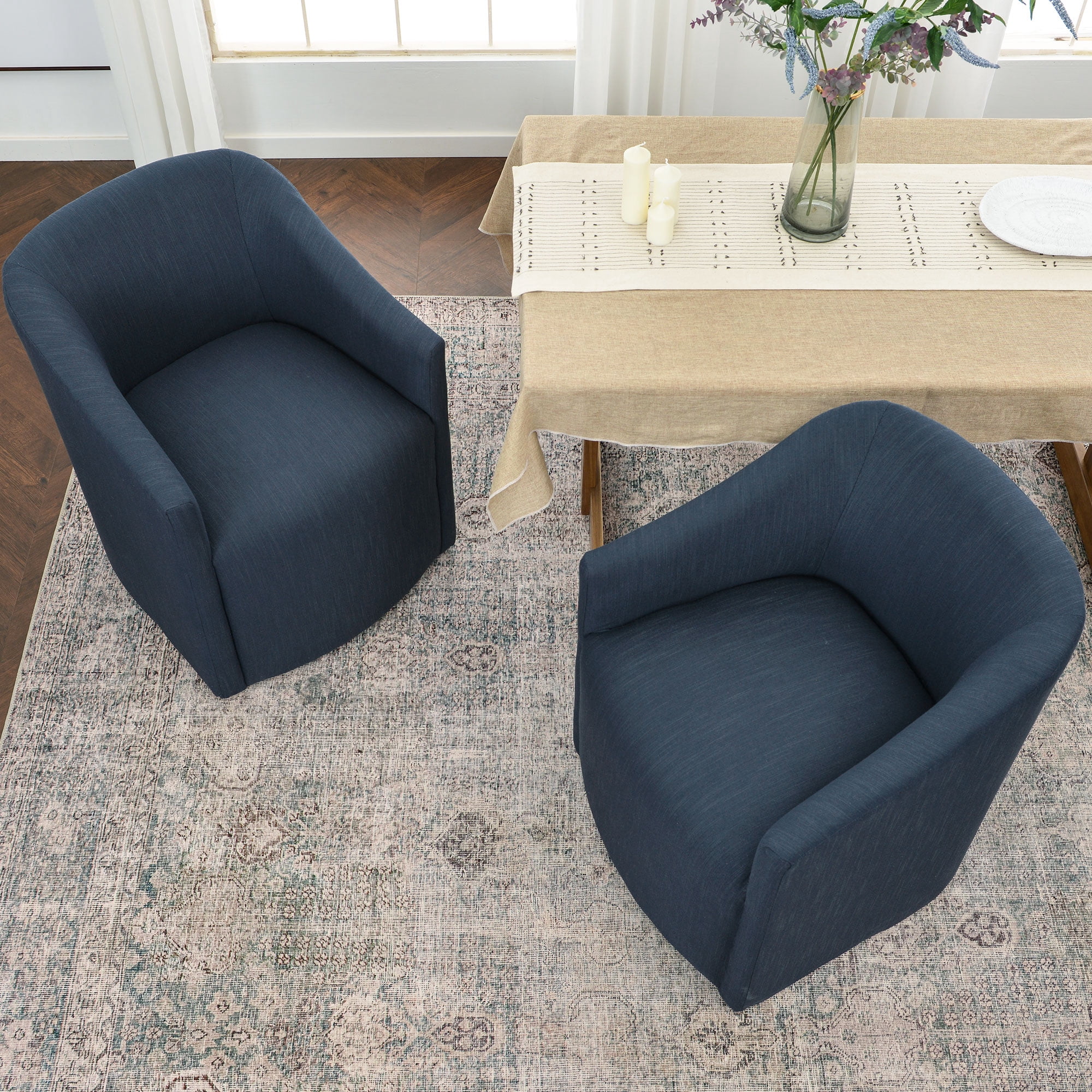 KINWELL 25" Wide Upholstered Dining Chairs with Casters Set of 2, No Assembly Modern Performance Fabric Barrel Back Rolling Dining Armchair for Kitchen Dining Room (Indigo)