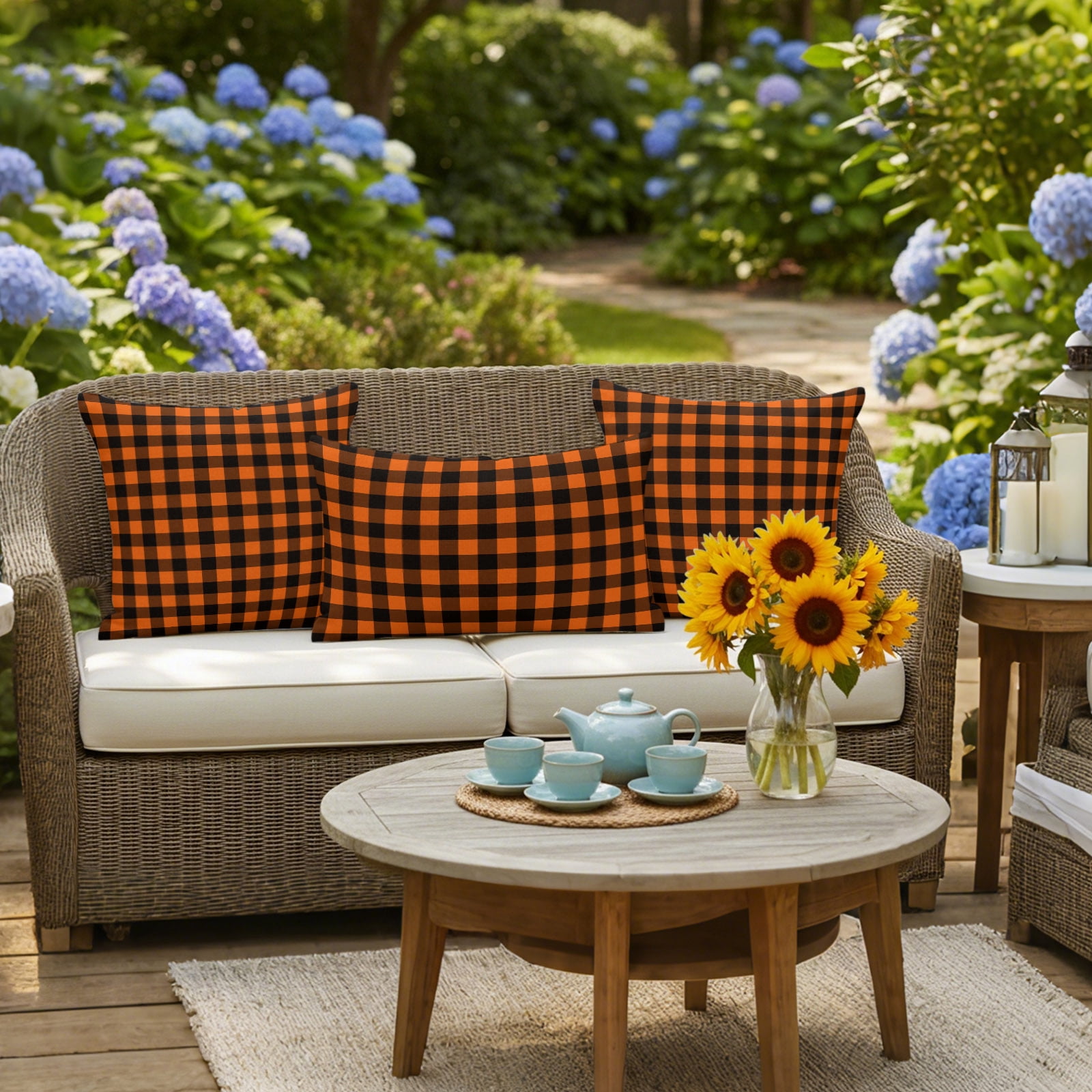 Black Orange Plaid Outdoor Pillow Covers 16x16 Inch Throw Pillow Covers Set of 2 Waterproof Decorative Pillow Cases Farmhouse Buffalo Check Gingham Cushion Covers for Patio Furniture Garden Couch