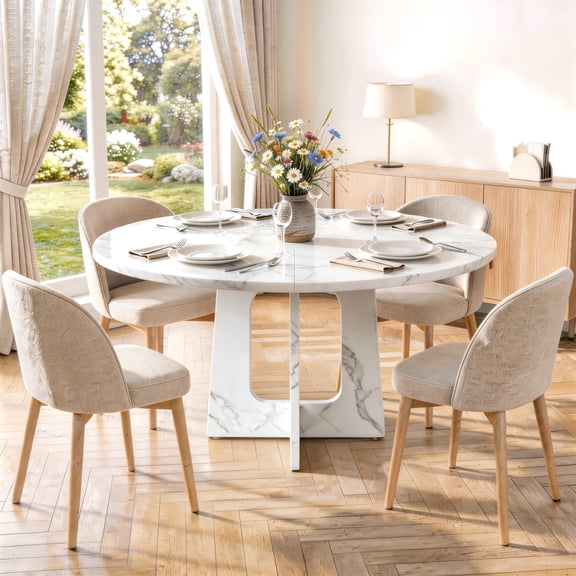 Round Dining Table for 4-6, PAPROOS 47''Large Kitchen Table, Dining Room Table with Marble-Color Wood Tabletop & Cross Base, Circle Dining Dinner Table for Kitchen Dining Room, White(Only Table)