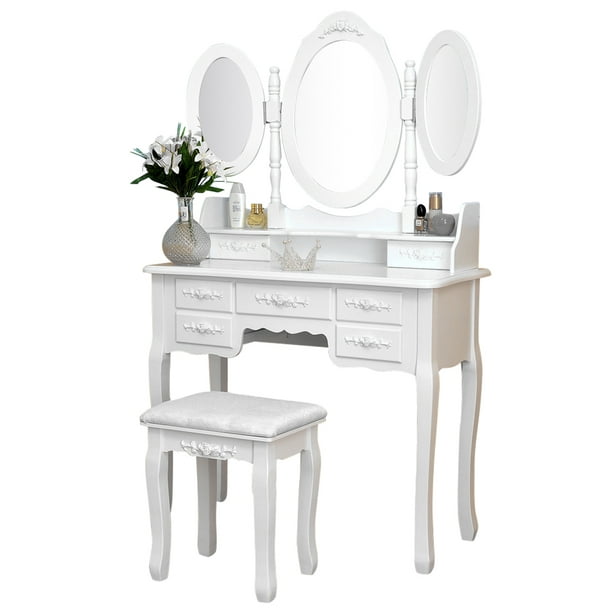 Trifold Mirrors Makeup Vanity Table Set, Vanity With Mirrors And Drawers