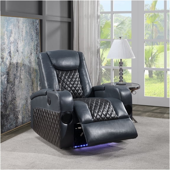 JERFIT Power Recliner Chair with Bluetooth Speakers, Wireless Charging, LED Light, Cup Holder & Storage for Living Room, Black and Blue Faux Leather