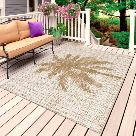 Beige Palm Tree Outdoor Rug for Patio/Deck/Porch, Non-Slip Large Area Rug 4 x 6 Ft, Tropical Summer Coastal Vintage Beige Indoor Outdoor Rugs Washable Area Rugs, Reversible Camping Rug Carpet Runner