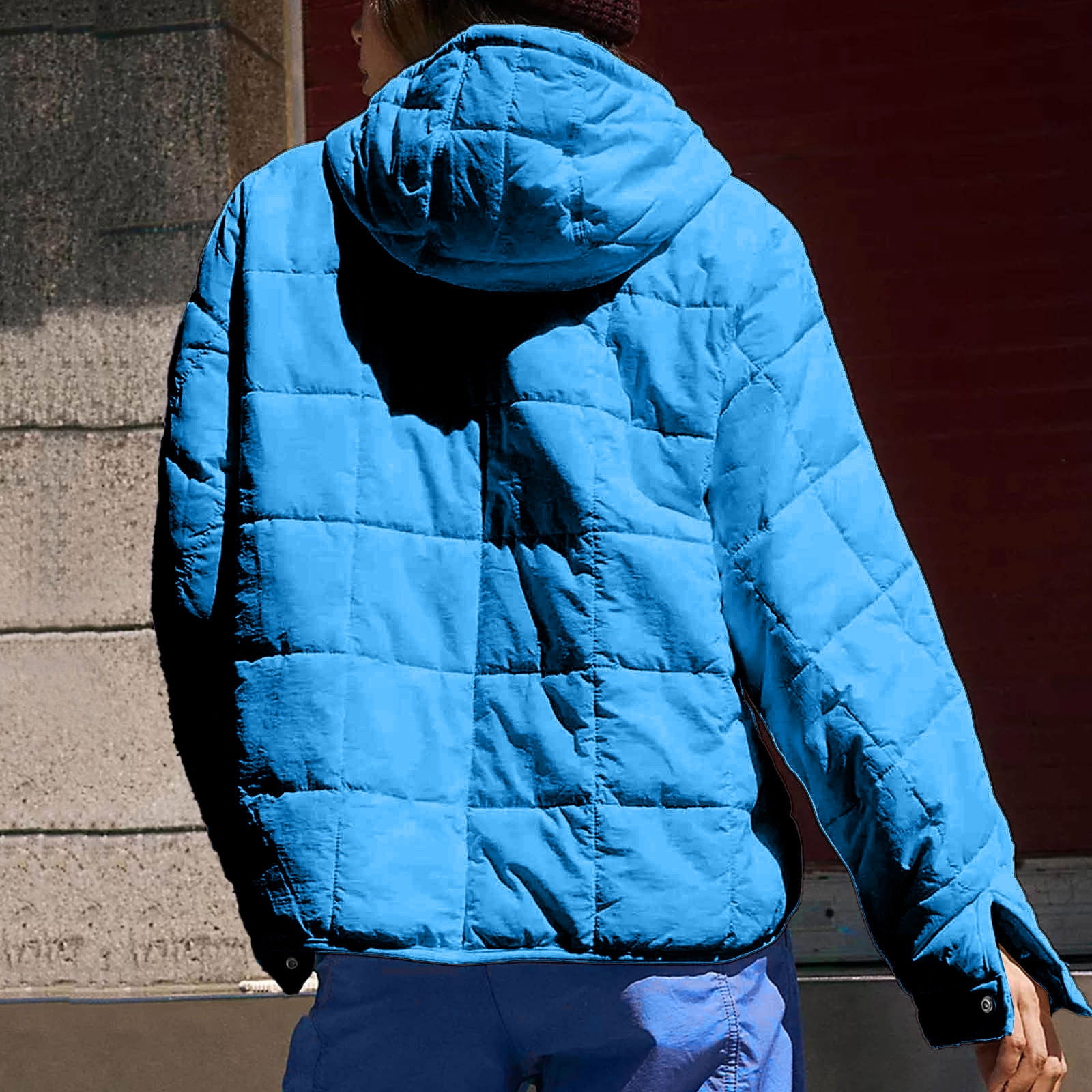 GEWSEY Quilted Puffer Jacket Womens with Hood Packable Pullover Jacket Lightweight Oversized Winter Warm Padded Coats (Sky Blue, L)