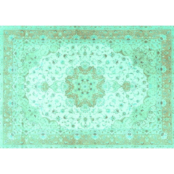 Ahgly Company Machine Washable Indoor Rectangle Medallion Turquoise Blue Traditional Area Rugs, 5' x 7'