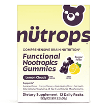 Nutrops by Gruns Sugar-Free Lions Mane Mushroom Gummies for Adults, Functional Nootropics, Herbal Brain Supplement for Energy, Brain Health, Cognitive, Memory & Focus, 12 Servings