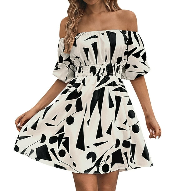 Gibobby Vestido Causal para Mujer de Verano Vestidos informales de verano para mujer, estampado irregular, hombros caídos, escote cuadrado, vestido oscilante, (Beige,M)