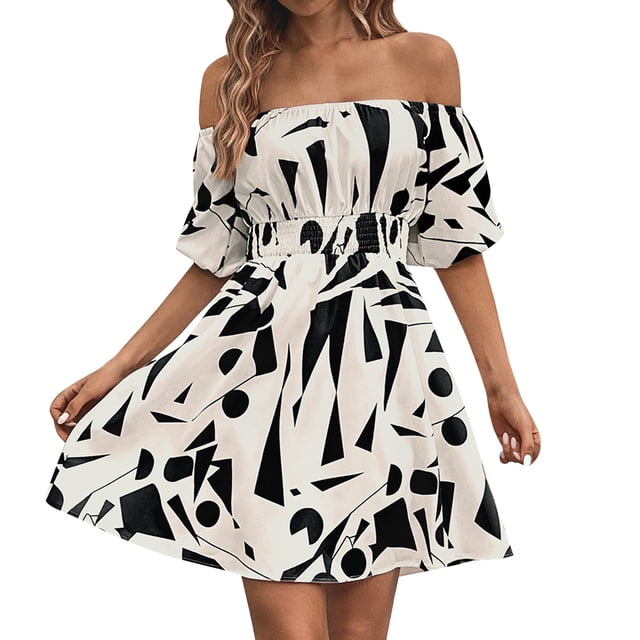 Gibobby Vestido casual de punto para mujer Vestidos informales de verano para mujer, estampado irregular, hombros caídos, escote cuadrado, vestido oscilante, (Beige,CH)