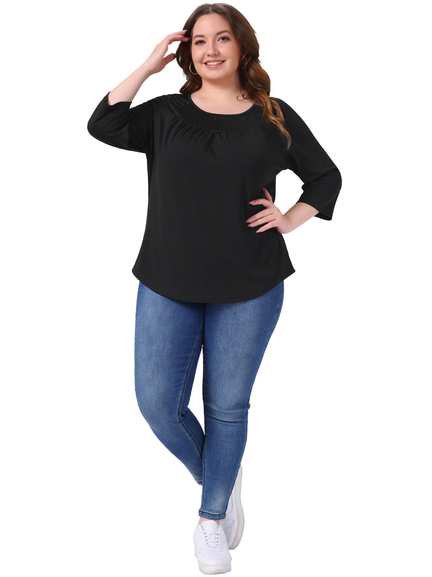 DARING DIVA Women's Plus 3/4 Sleeve Crochet Lace Detail Blouse Tunic Shirt 3X Black