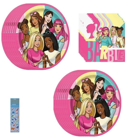 Barbie Birthday Party Supplies Bundle Pack includes 16 Lunch Paper Plates and 16 Lunch Paper Napkins (Bundle for 16)