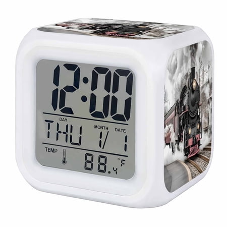 Modern Trains Digital Alarm Clock for Bedrooms, Smart LED Alarm Clock with 7 Color Changing Night Light, Abstract Vintage Classic Silent Wake Up Clocks for Sleep Study Cooking 3.2x3.2