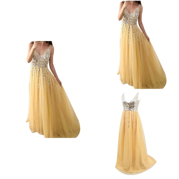 Antinious Ladies Summer Dress,Elegant Dresses for Women,Ladies Dresses for Party Off Shoulder V-Neck Vintage Solid Party Sleeveless Dress,Yellow,S