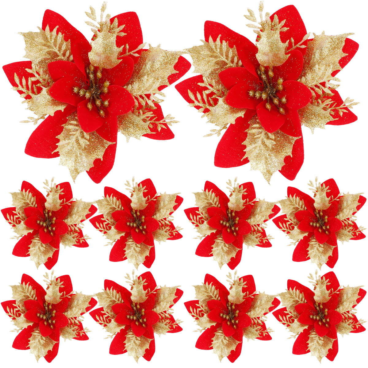 10x Christmas Artificial Glitter Poinsettia Flowers Xmas Tree Wedding Ornaments 