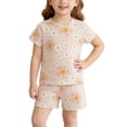 thumbnail image 2 of oelaio Girls Summer Outfits Cute Flower Printed 2 Piece Clothes Short Sleeve T-Shirts and Elastic Waist Shorts Kids Casual Lounge Pajama Sets Beige 2 Years, 2 of 7