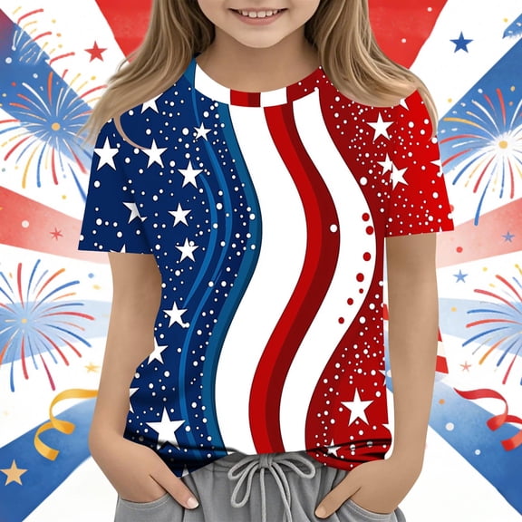 Amidoa Girls Short Sleeve 4th of July Cute Graphic T-Shirts Kids Casual Tops Summer Soft Crewneck Tees Pink Size 100
