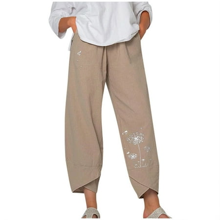 

Dadaria Linen Pants for Women High Waist Tapered Mid Waist Embroidery Cotton Loose Long Straight Pants Khaki S Female