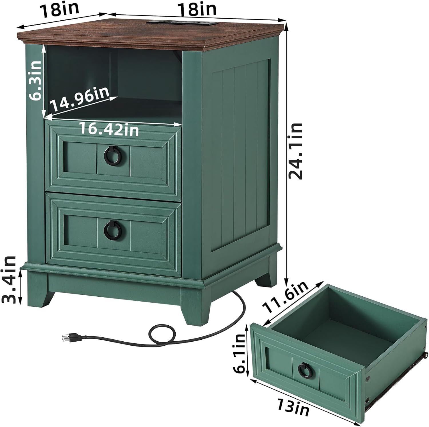 2 Pcs Joaxswe Farmhouse 18" Nightstand with Charging Station, Rustic Metal Wood End Tables with 2 Drawers, Adult Side Tables for Living Room, Green