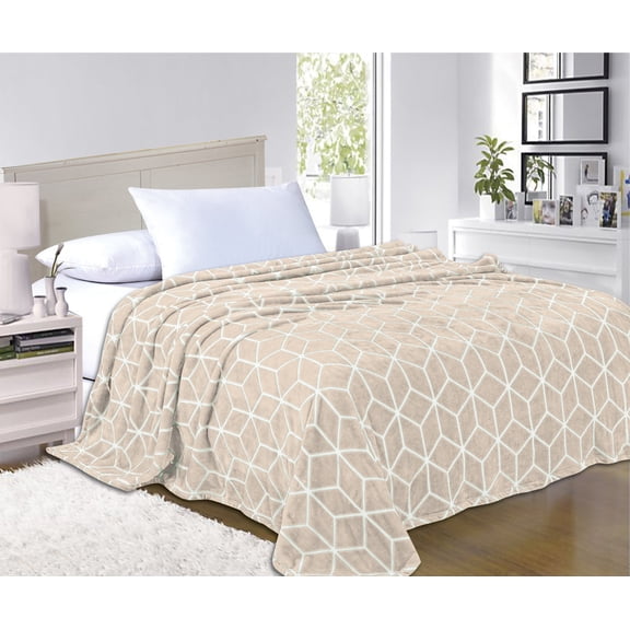 Celine Linen® Luxury Micro-Fleece Ultra Plush Cube Pattern - All Season Blanket, King/California King, Cream