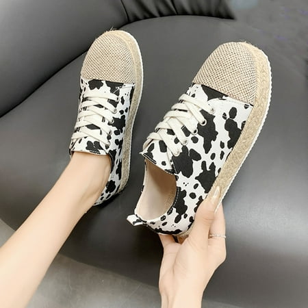 

WQJNWEQ Women s Flats Shoes Leisure Large Size Spring and Summer Linen Thick Soled Round Toe Lace-up Board Shoes Comfort