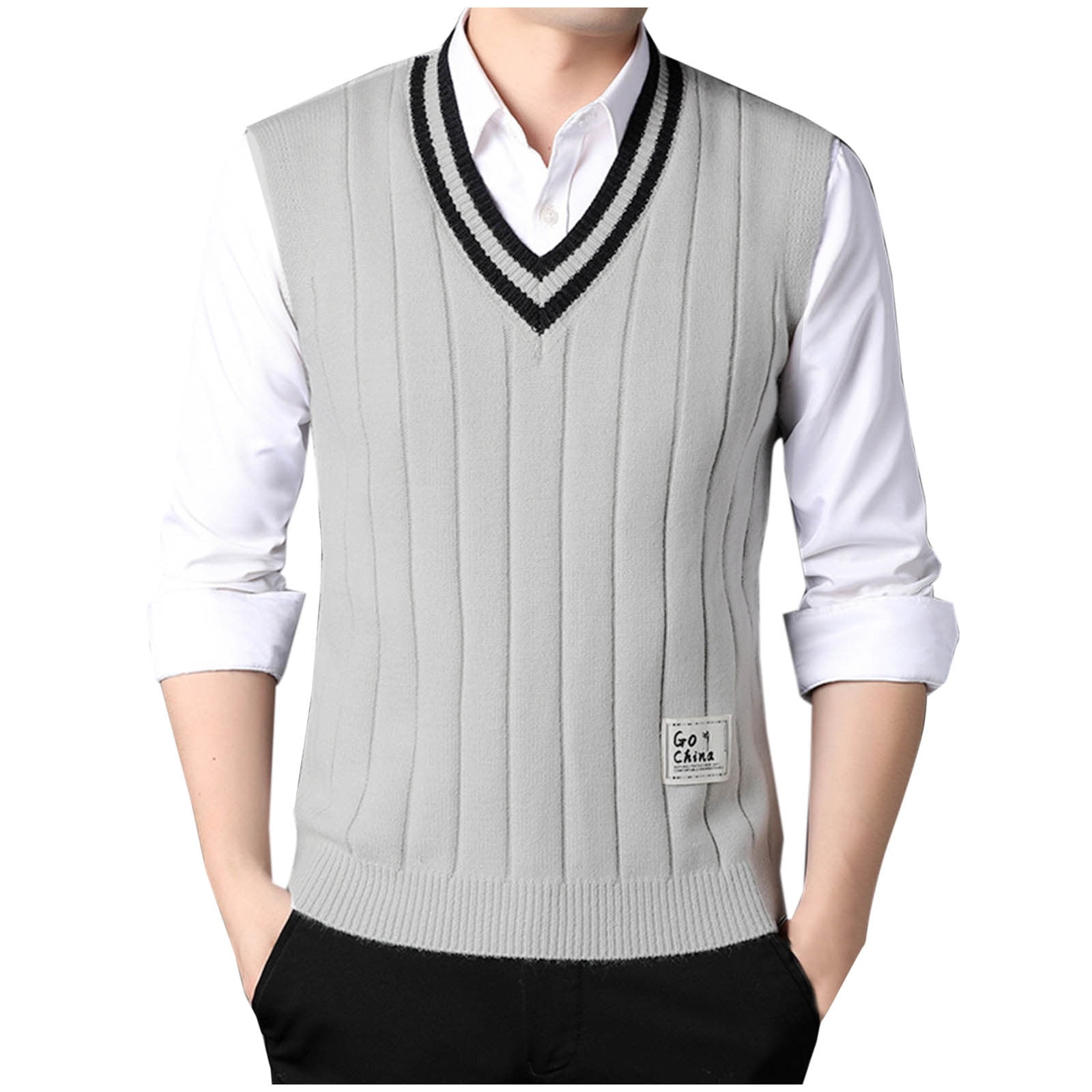 Ofreoo Men Waistcoat Knitting Top Sleeveless Casual V-neck Top Bottom Llayer Shirt Work Vest for Men Gift for Adults