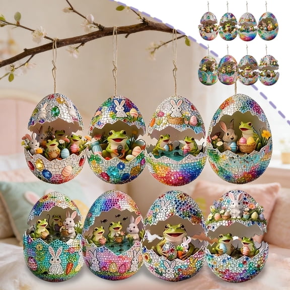 AZXY Easter Bunny Ornaments for Tree, 8Pcs 2D Flat Wooden Miniature Easter Hanging Decorations, Small Bunny in Cracked Egg Ornaments for Small Tree, Easter Party & Home Indoor Outdoor Decor