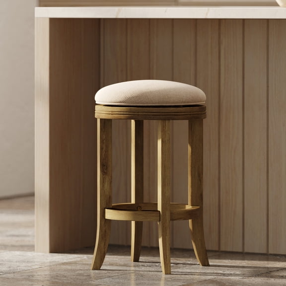Counter Height Backless Swivel Barstool with Upholstered Cream Seat and Metal Footrest, 26 Inch Wood Bar Stool for Kitchen Island, Natural Walnut Finish