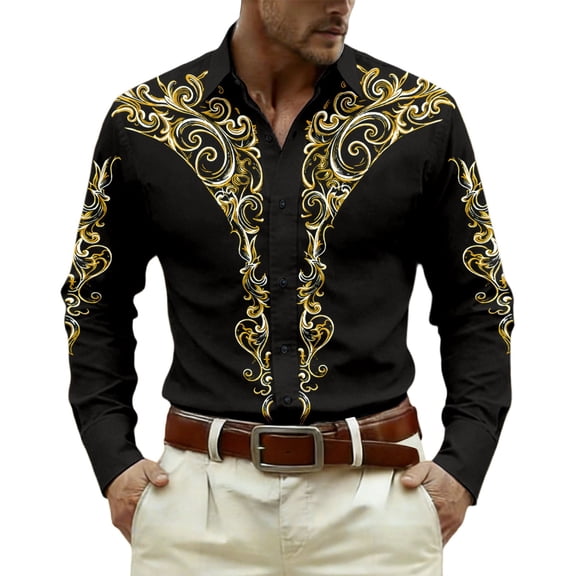 CONZONE Mens Western Cowboy Buttons Down Shirts Long Sleeve Shirts for Men Trendy Graphic Lapel Soft Lightweight Tops