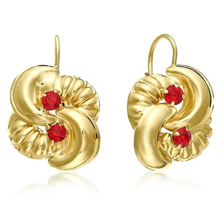 - 10 KARAT YELLOW GOLD STUD EARRINGS WITH FLOWER DESIGN AND RED STONE 23MM