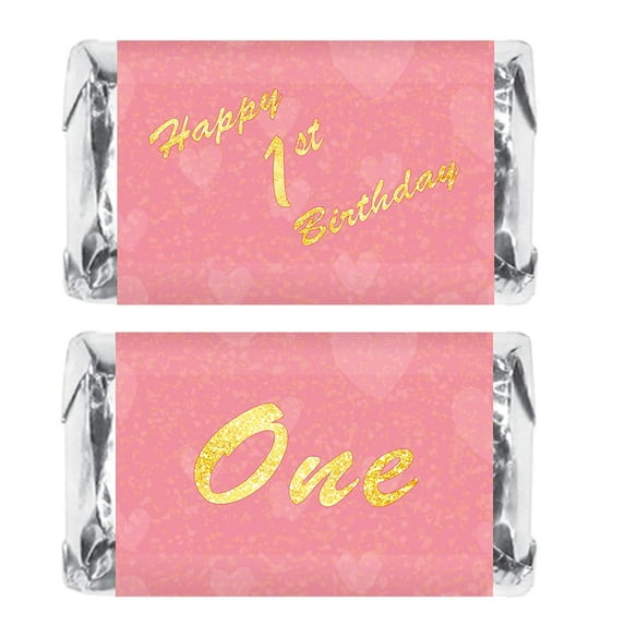 1st Birthday Miniature Candy Bar Wrapper, One Pink Mini Chocolate Bar Stickers for Birthday Party, Table Top Event Decorations, Candy Not Included.