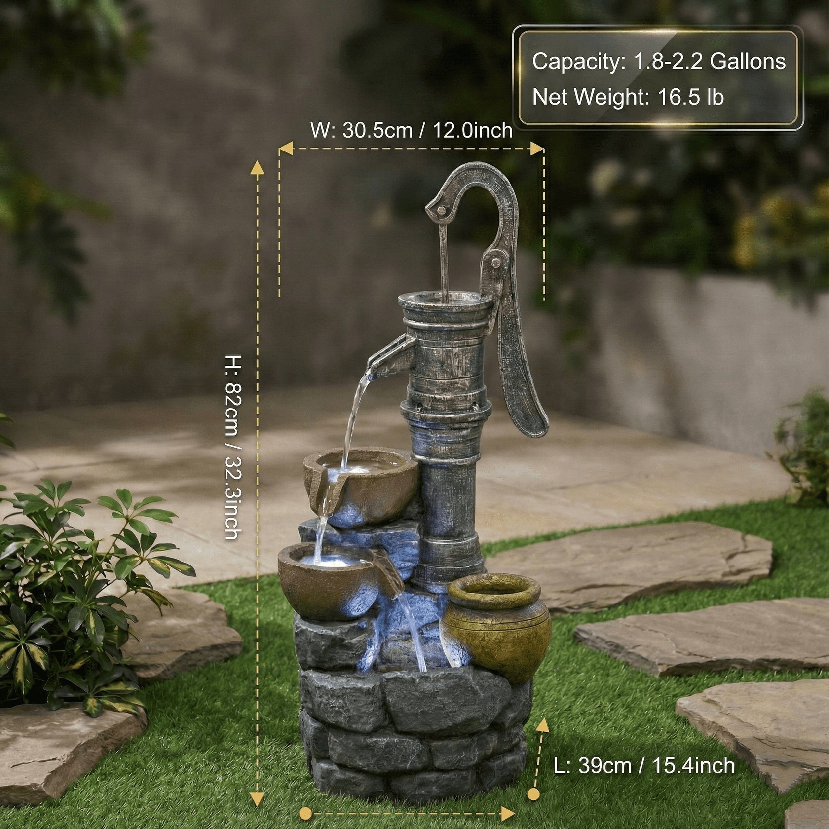 32" H Large Outdoor Fountains with Vintage Pump Ideal for Patio Yards Outdoor Gardens and Home Art Decor Crafted from Weather-Resistant Materials for Year-Round Use