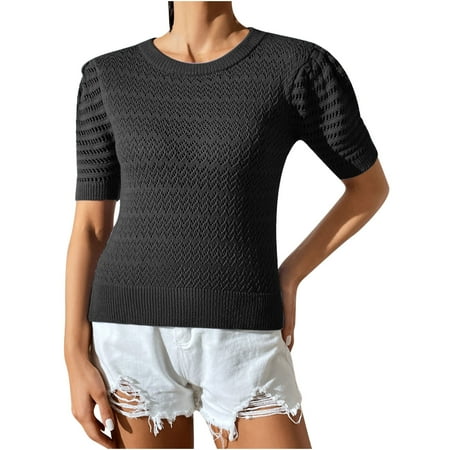 

Womens Trendy Summer Crop Top Crochet Knitted Crew Neck Short Sleeve Slim Fit Pullover Corset T Shirts Tunic Tops