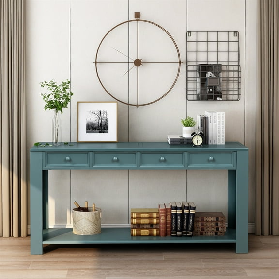 Entryway Hallway Console Table 64" Long Rustic Sofa Table with 4 Storage Drawers and Open Bottom Shelf,Accent Sofa Table Living Room Side Table for Living Room Hallway Dining Room, Retro Blue