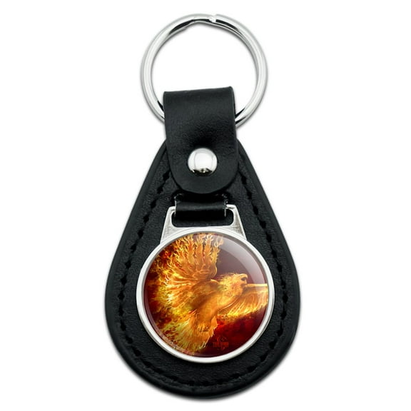Phoenix Firebird Flaming Fire Bird Rising Fantasy Black Leather Keychain