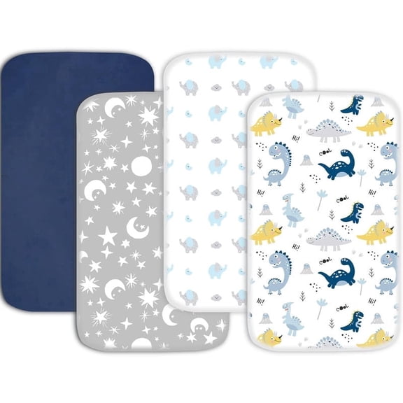 Little Grape Land Mini Crib Sheets 38"x26" 4-Pack, Soft Fitted Playard Mattress Sheets for Baby Boys Girls, Portable Pack N Play Bedding, Dinosaur