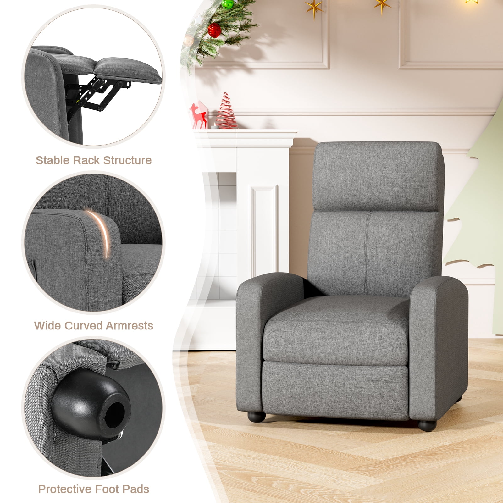 Arlopu Fabric Recliner Chair, Single Reclining Chair Home Theater Seating with Side Pocket, Adjustable Backrest and Footrest, Ergonomic Lounge Chair for Living Room