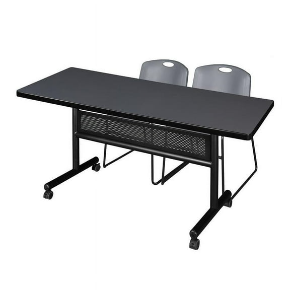 72" x 30" Flip Top Mobile Training Table w/ Divider- Grey & 2 Stack Chairs