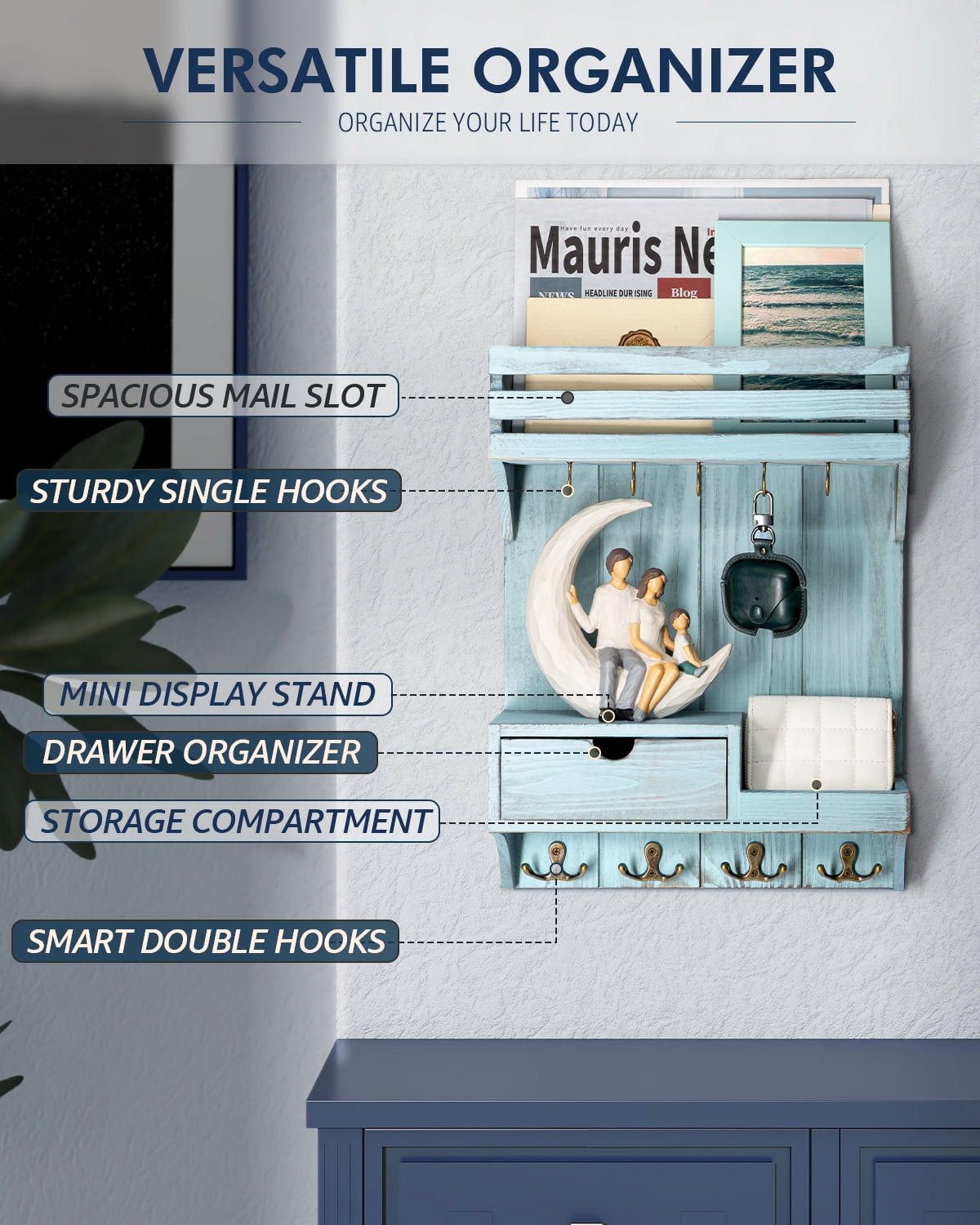 Rebee Vision Rustic Key Holder Wall Mount for Home Decor - Mail Organizer with 9 Key Hooks and Mini Drawer Organizer (Blue, 12inch)