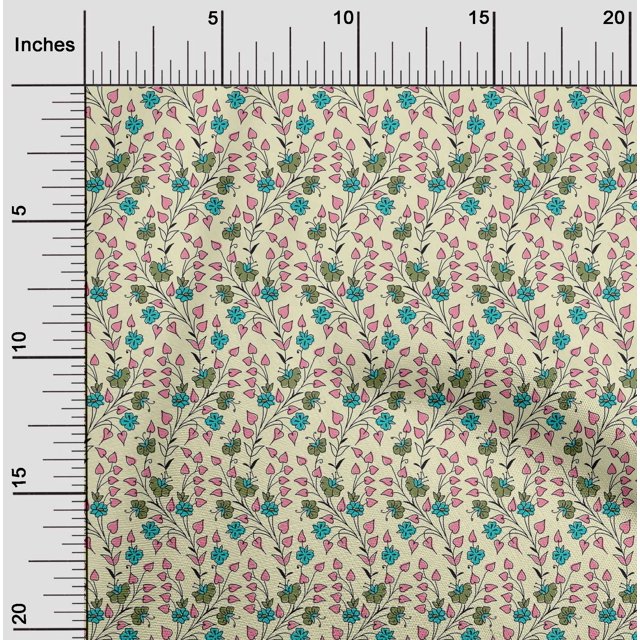 oneOone Silk Tabby Fabric Leaves & Floral Block Printed Fabric 1 Yard 42 Inch Wide