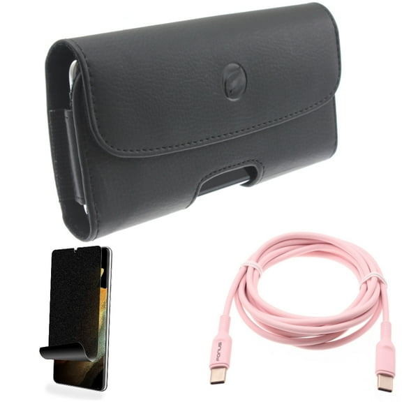 Pink 6ft Long Cable & Case Belt Clip & Privacy Screen Protector for Samsung Galaxy S21 Ultra Phone - USB-C to Type-C PD Fast Charger & Leather Holster & TPU Film Fingerprint Works Accessory Bundle