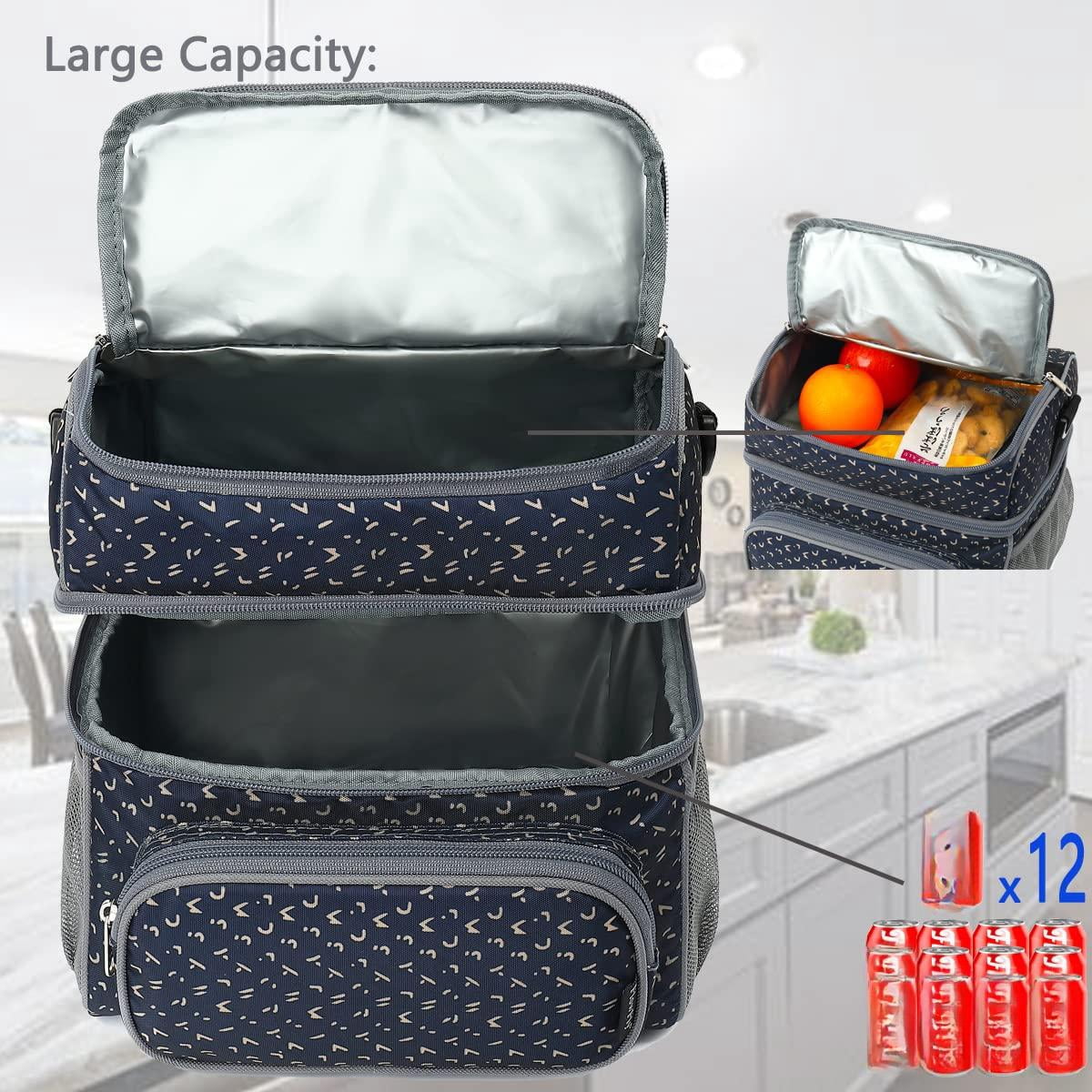 Double Layer Insulated Lunch Bag Large Tote With Adjustable Strap