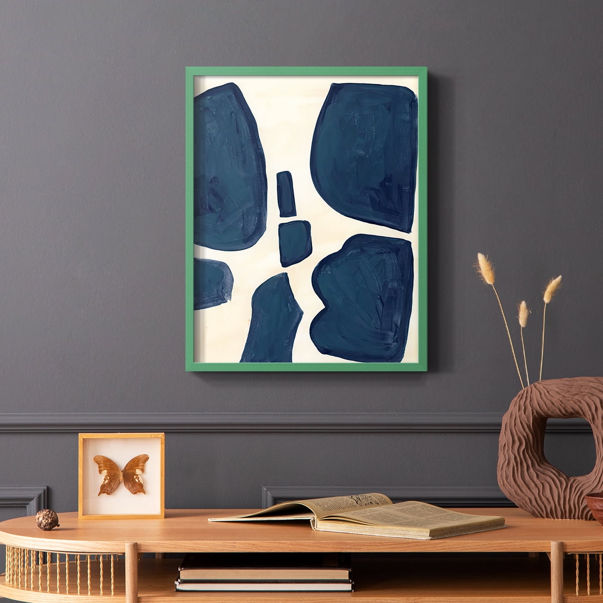 Blue Pieces II Framed Print in Green Solid Wood Framed Print No Nail Hanging