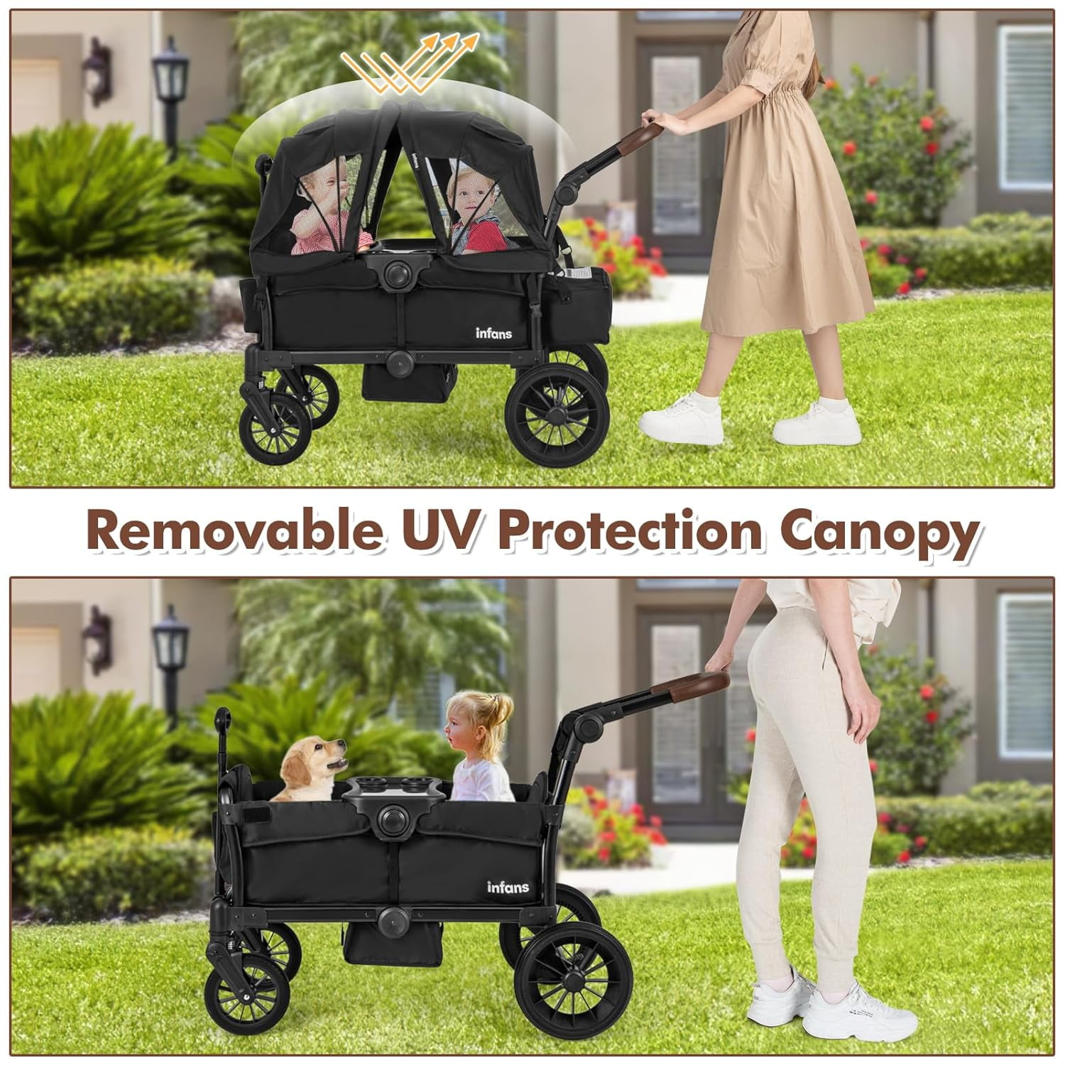 INFANS Wagon Stroller for 2 Kids, Collapsible Adjustable Push Pull Handle Bar, 2 Seater Stroller Wagon with Removable Canopy Snack Tray, Comfortable Drop-Down footwell and Upholstered Seats