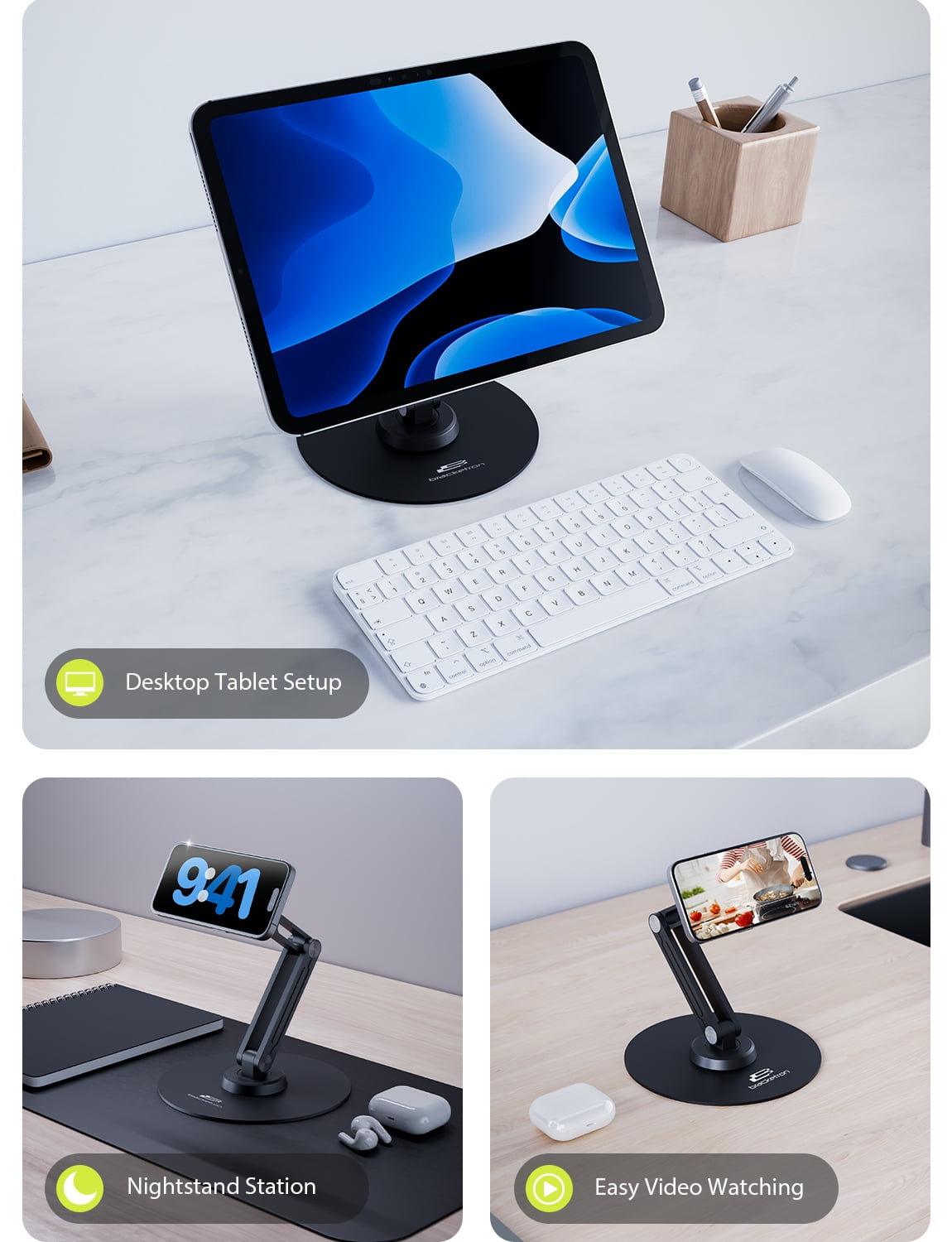 Bracketron MagAlign PRO Magnetic Phone and Tablet Stand with Micro-Suction Base, 360° Swivel, Adjustable Pivot Arm, Includes Metal Plate for Universal Compatibility