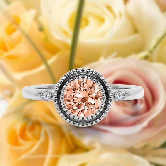 Gorgeous Art nouvea 1.10 Carat Round Cut Antique Morganite And Diamond Moissanite Engagement Ring, Classic Boho Moissanite Wedding Ring in 925 Sterling Silver With 18k White Gold Plating Gift For Her