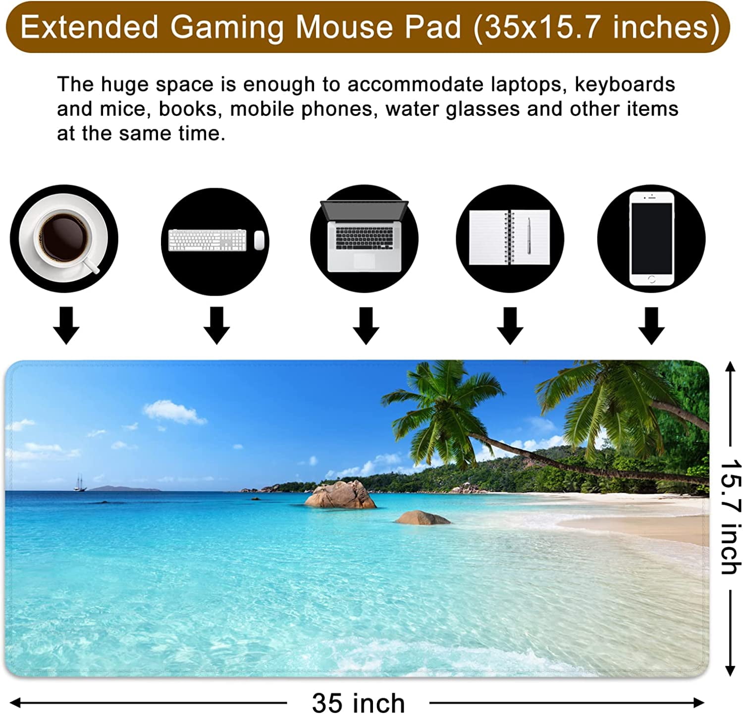 Beach Gaming Mouse Pad XXL Large Mouse Pad 35x15.7x0.12 inch Extra Large Mouse Pad Ocean Theme Blue Mouse Pad (Beach Ocean -1)