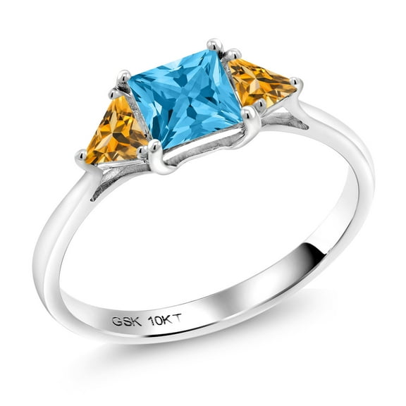 Gem Stone King 10K White Gold Swiss Blue Topaz and Yellow Citrine 3 Stone Engagement Ring for Women (1.08 Cttw, Gemstone November Birthstone, Princess Center 5MM, Trillion 3.5MM, Size 7)